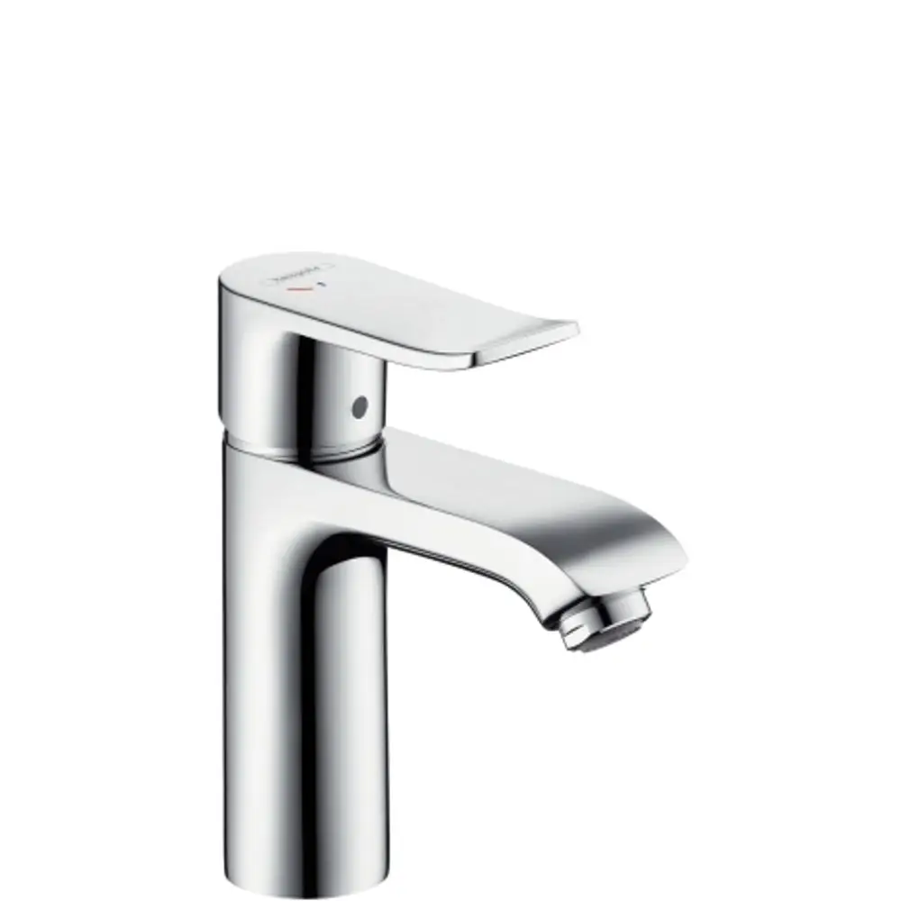 Einhebel-Waschtischmischer aus Chrom von Hansgrohe mit seitlichem Hebel und einem Wasserhahn, der an einem Waschbecken montiert ist.